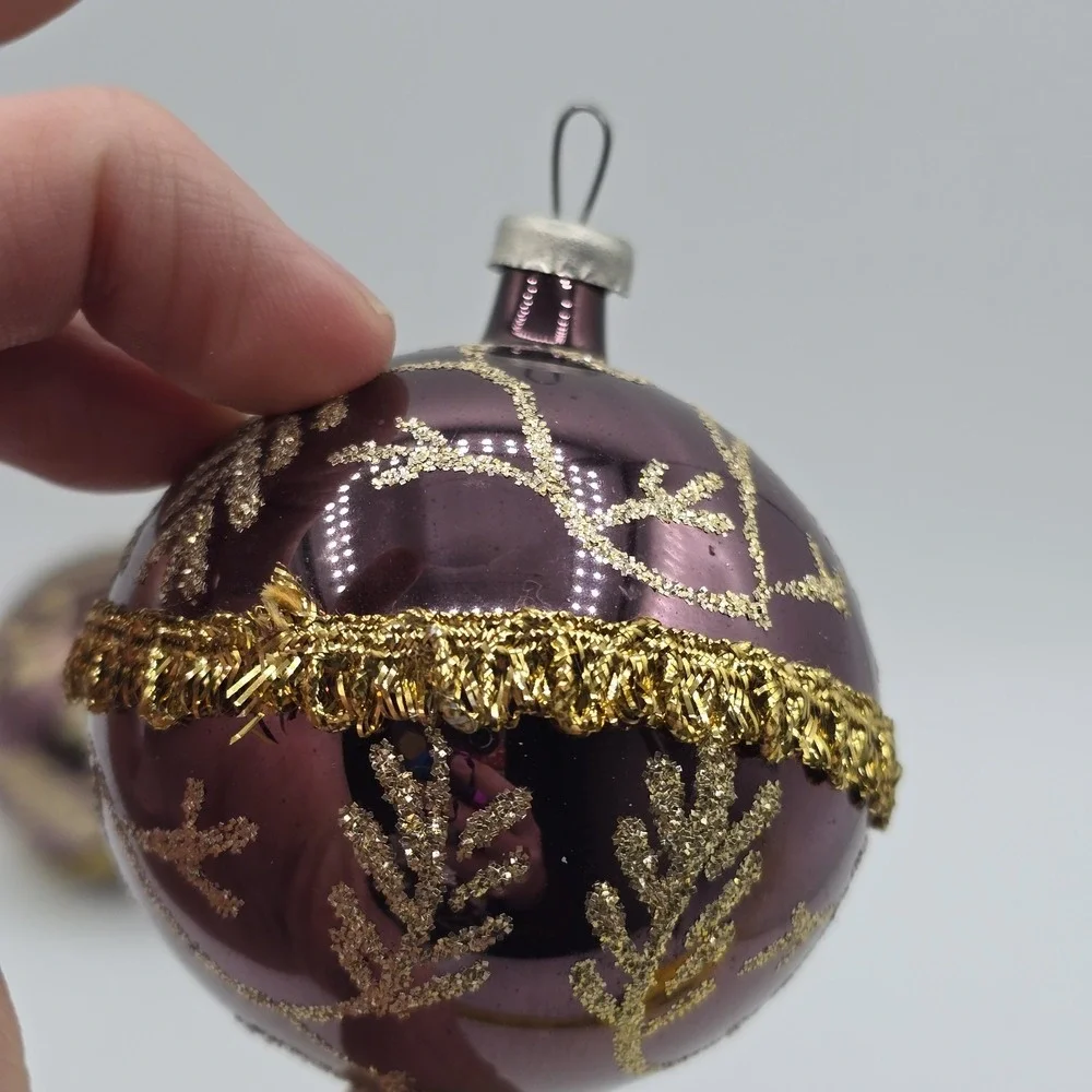 2 Vtg Glass Ball Christmas Ornaments Purple Gold Hand Blown‎ Unique